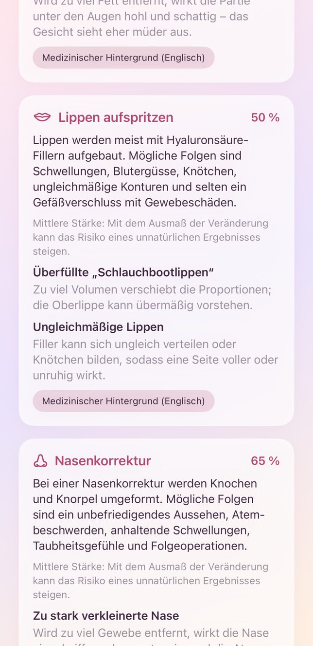 Risikohinweise in der App zu Lippen aufspritzen und Nasenkorrektur